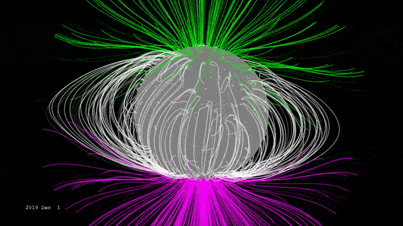 the animation shows the magnetic field lines of the sun. It starts with colorful lines coming out fo the poles and a nice round donut of lines around the equator. by the end of the anuimation, all the lines are messed up.
